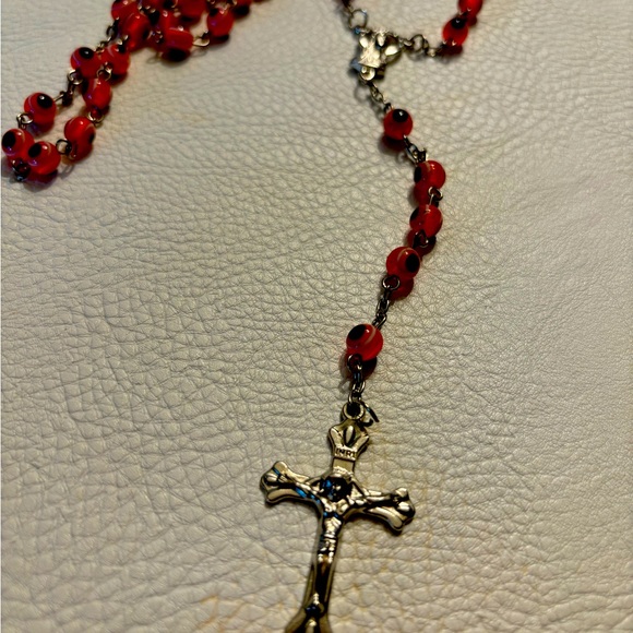 Red evil eye rosary bead necklace approximately 20”. - Picture 1 of 4